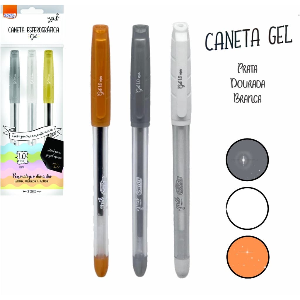 3 Canetas Esferográfica Gel Dourada Prata e Branca 1.0mm BRW