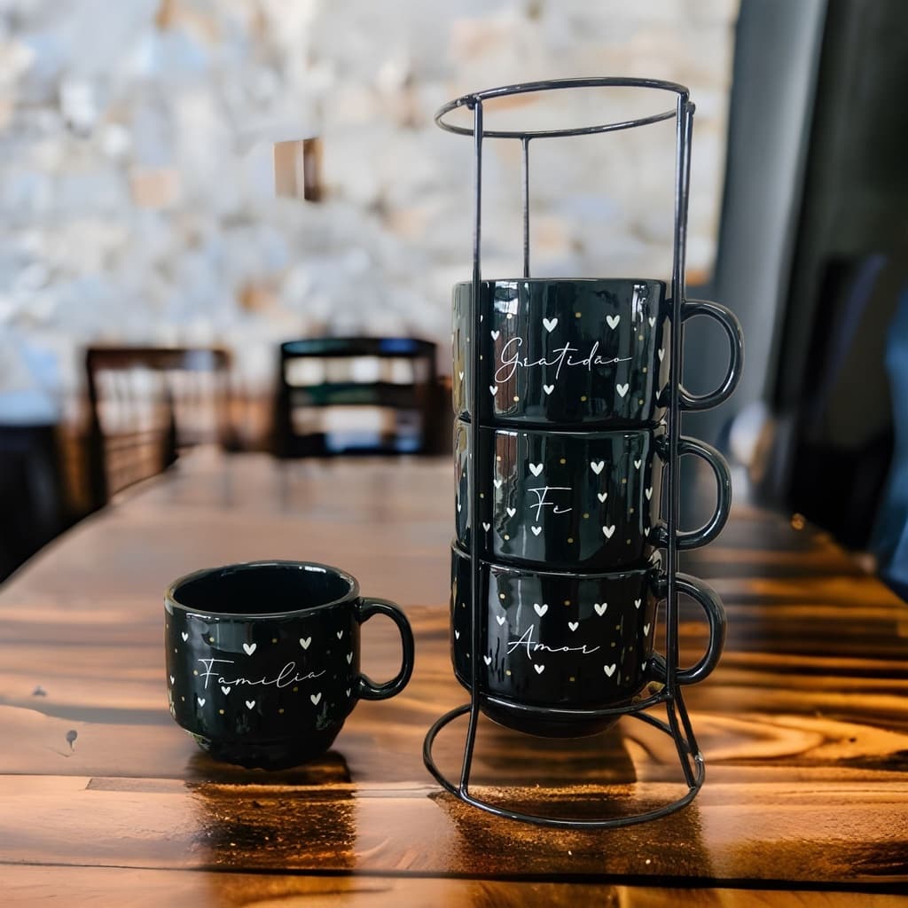 Jogo De 4 Xícaras Porcelana Preta Fé Familia + Suporte Metal Kit