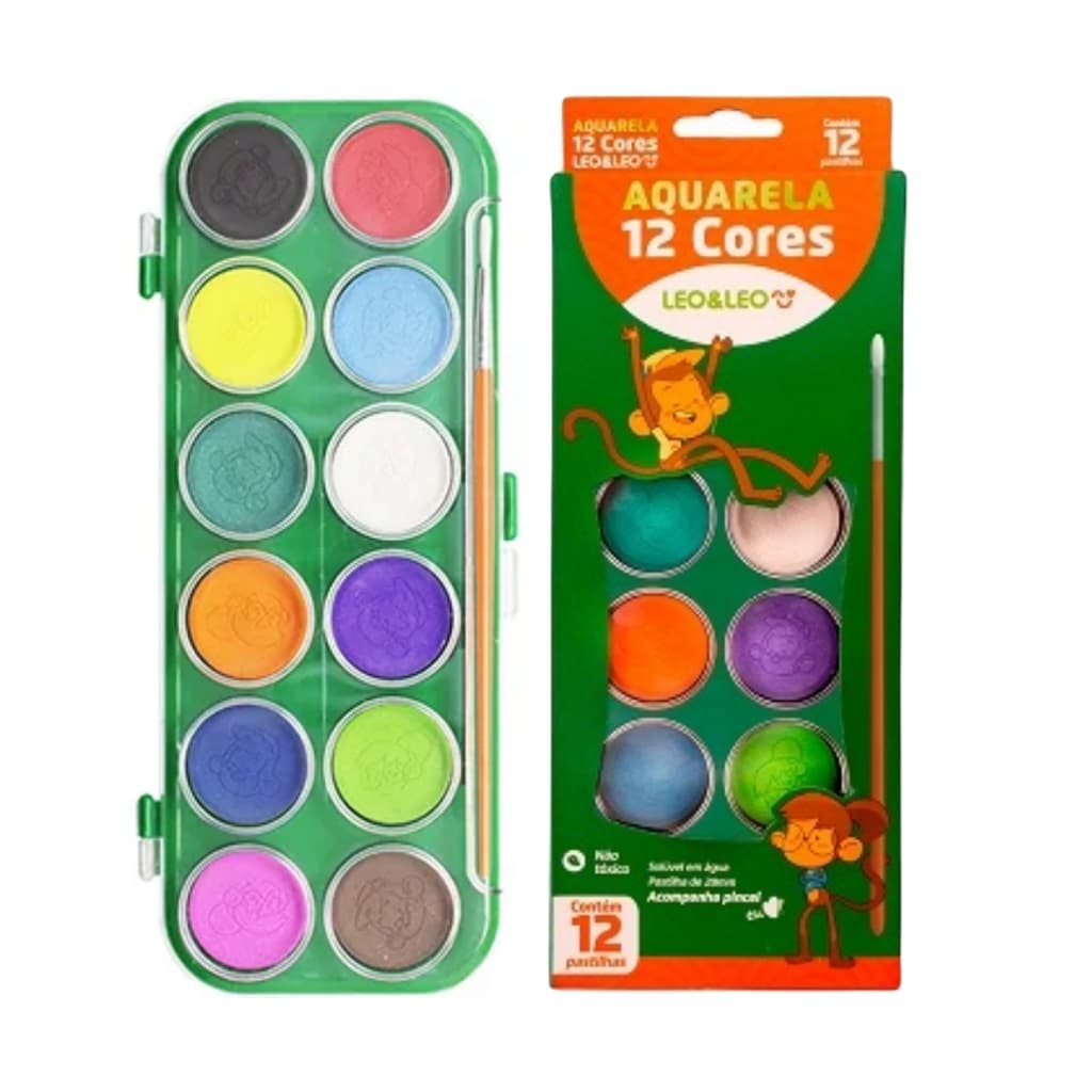 Aquarela escolar com 12 cores pastilha 2 cm  Leo e Leo