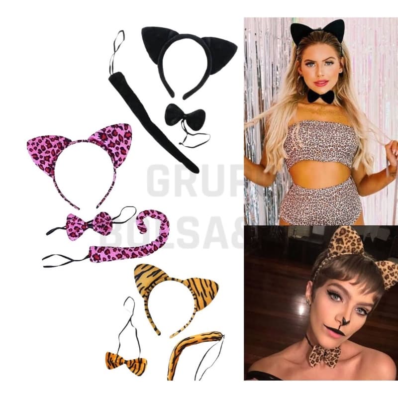 Kit Arco e Gravata de Carnaval Tigresa e Onça Rabinho Fantasia Carnaval