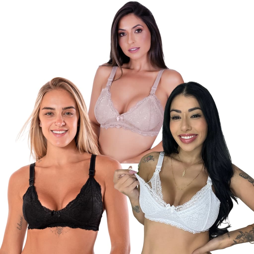 KIT 3 Sutiã de Amamentação Renda Reforçado Gestante Pós Parto