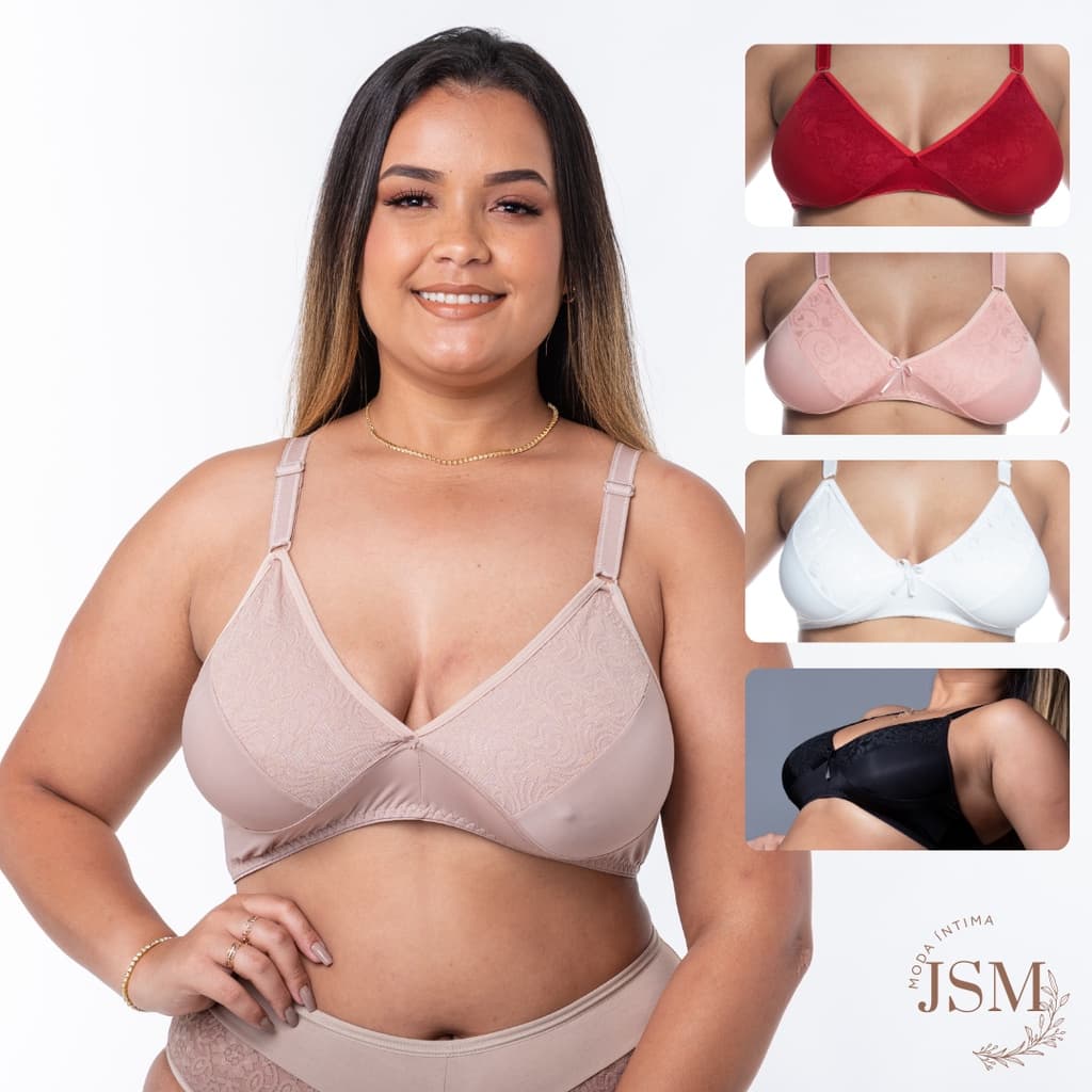 Sutiã PLUS SIZE Em Microfibra Sem Bojo Forrado Com Renda Alça Reforçada Conforto Sustentação Lingerie Moda Íntima JSM