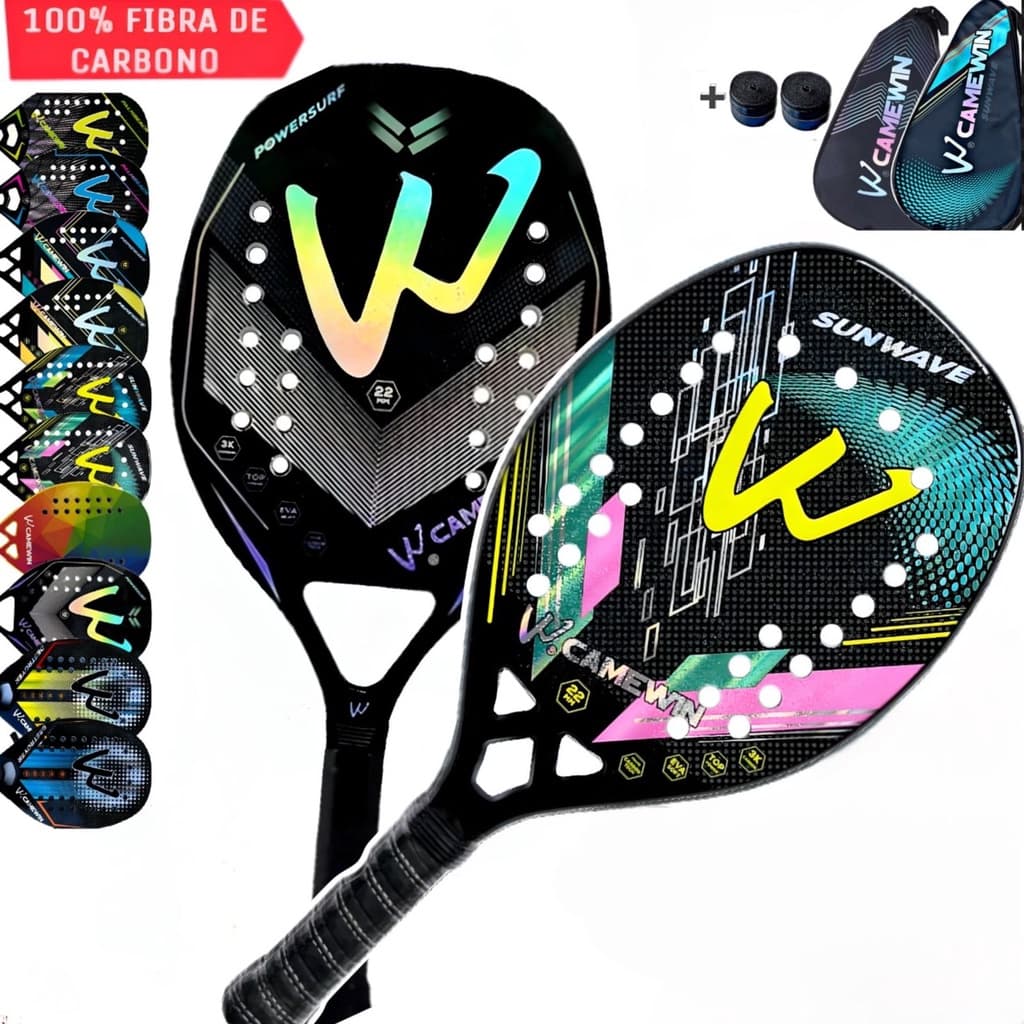 Par 2 Raquetes Beach Tennis Tênis de Praia Completa 100% em Fibra de Carbono 3K Camewin Profissional EVA Soft Com Bolsa