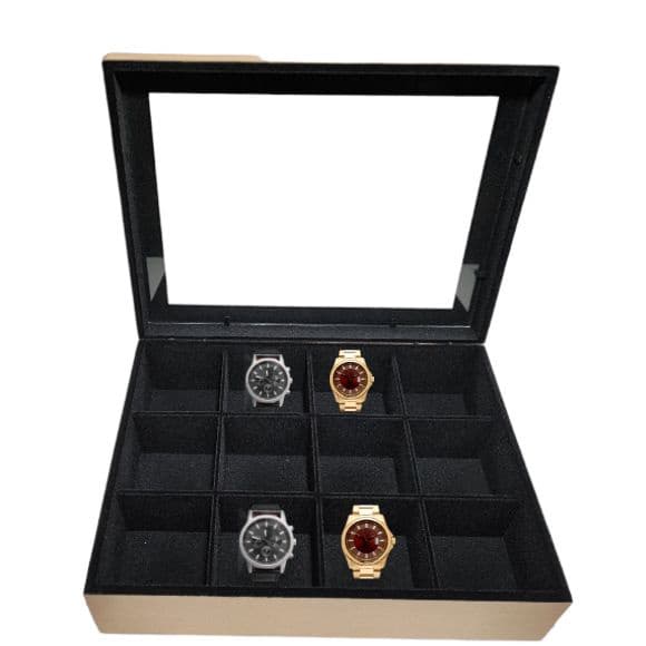 Caixa estojo 12 relógios mdf flocado forrado veludo aveludado relogios de pulso tampa com dobradiças e vidro.