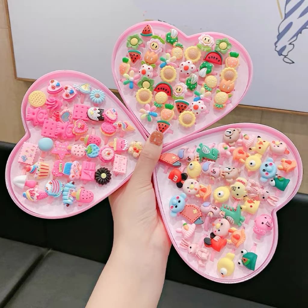 36 Aneis Colorido Infantil Menina de Plástico Com Estojo de Coração Presente
