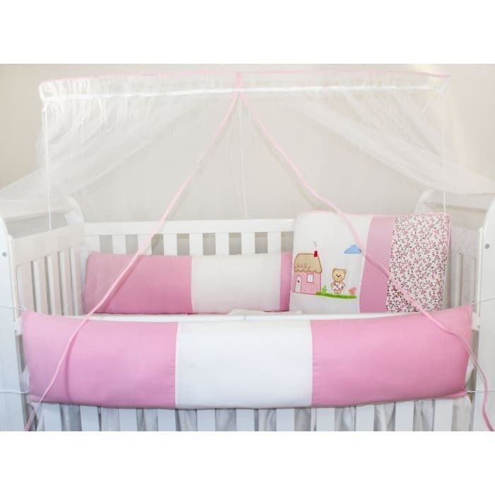 Kit Protetor de Berço Kids com Mosquiteiro Comum 7 peças Casinha Rosa