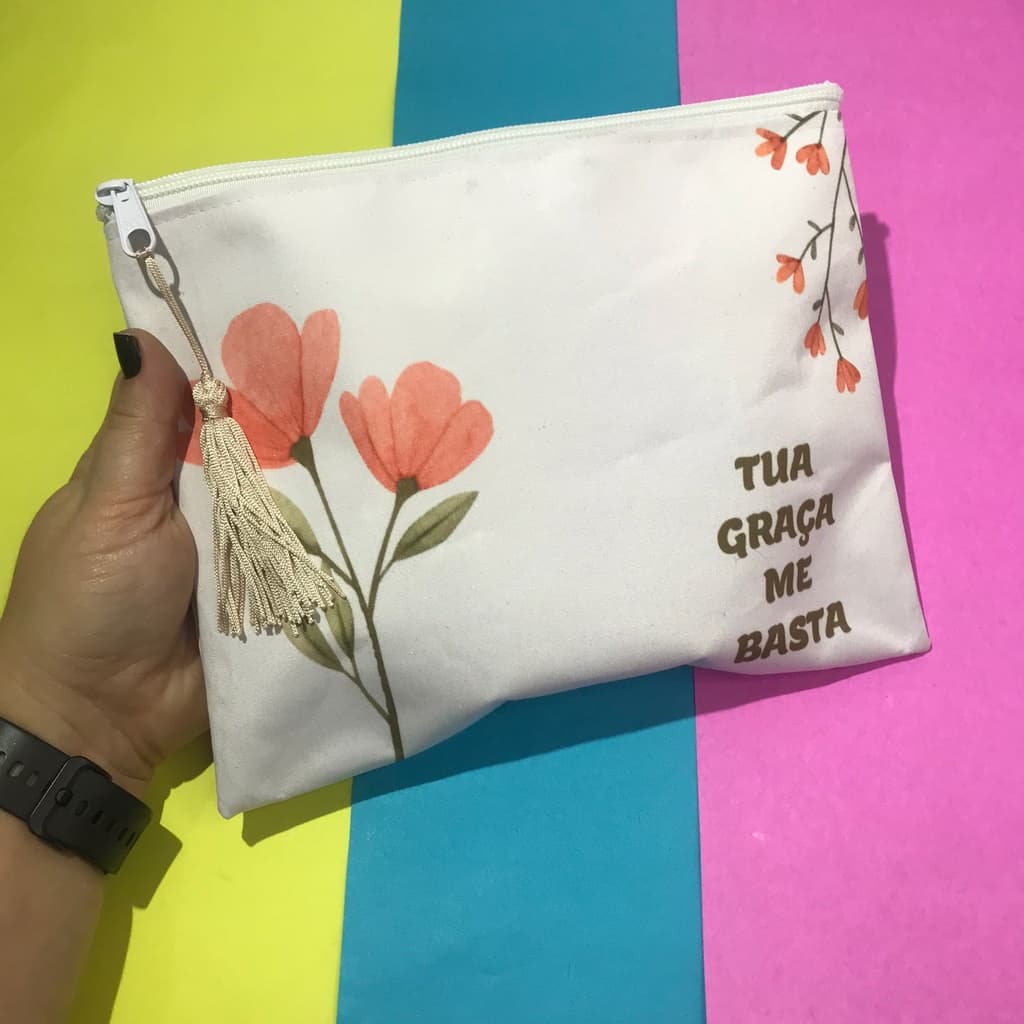 Necessaire Tecido Impermeável Borboletas "Tua Graça Me Basta" NE121