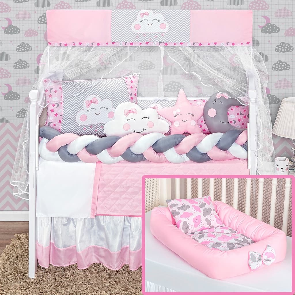 Kit Berço Trança Americano Lençol Elastico Nuvem Rosa Com Ninho Redutor Completo 14 Peças