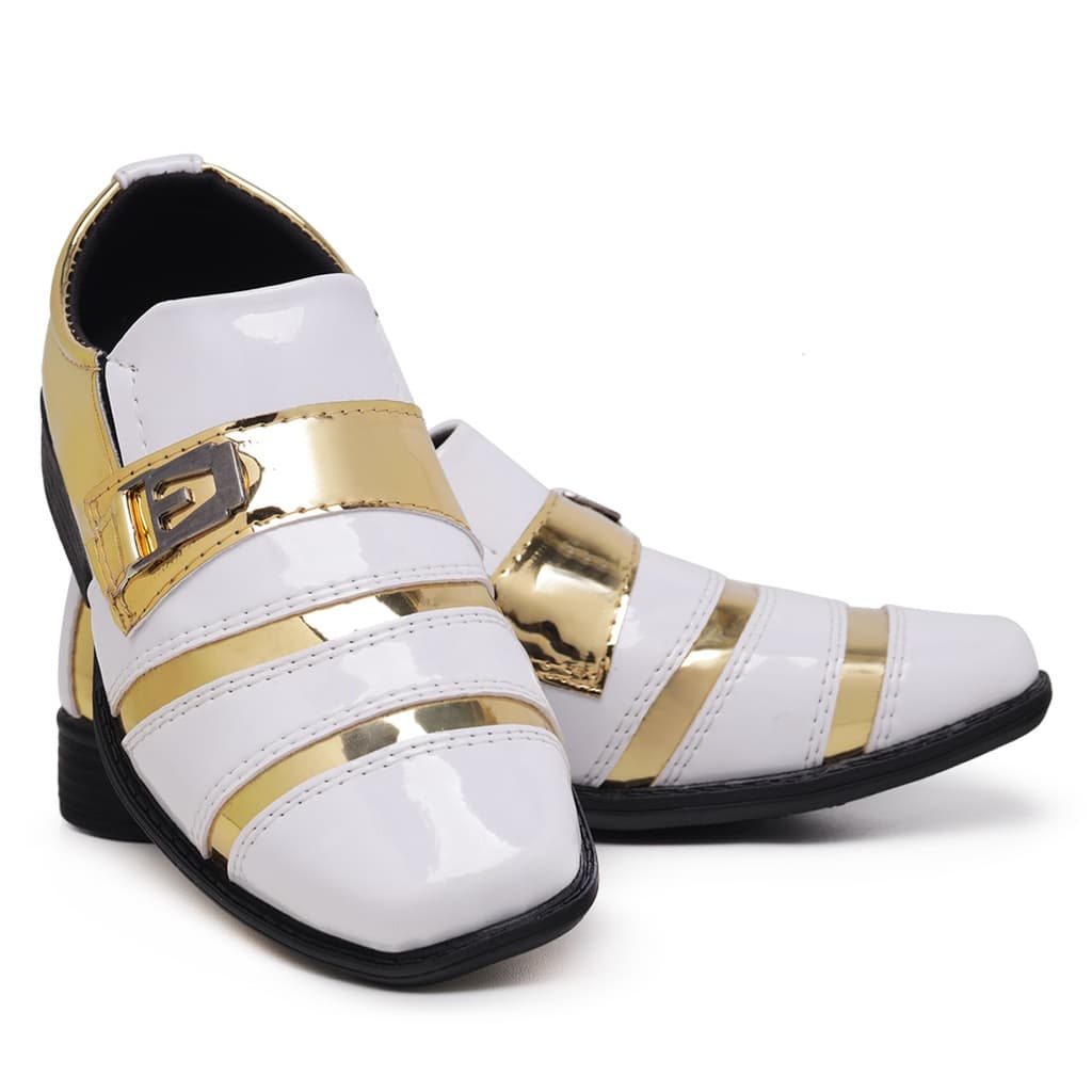 Sapato Social Infantil Masculino Italiano 443 Branco Dourado Verniz Conforto Casual Moderno