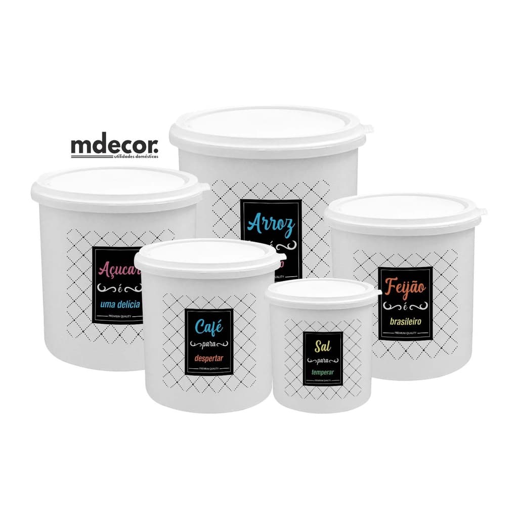 Kit 5 Potes de Mantimentos Plástico Decorado Linha Colors