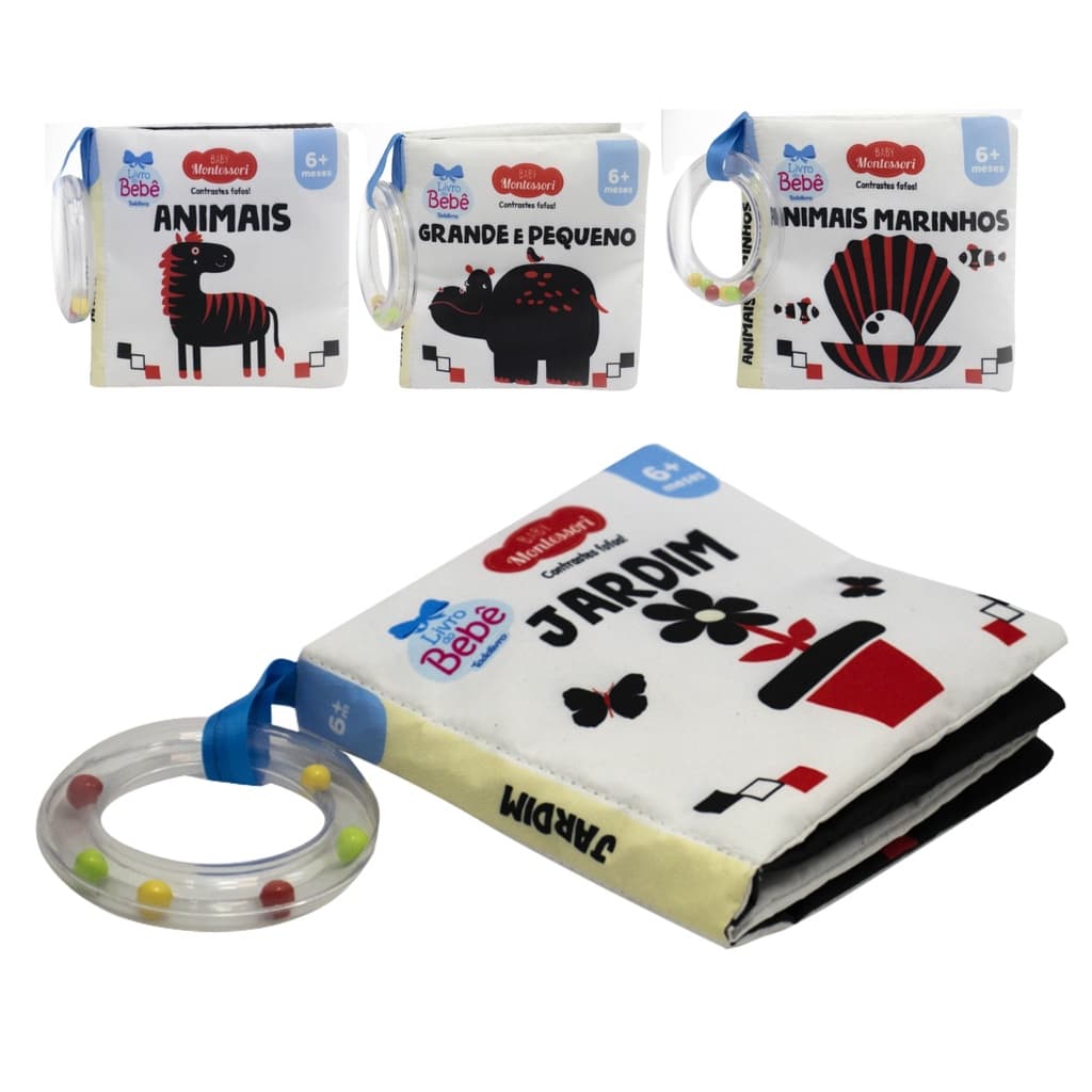 Livro Infantil Bebê Alto Contraste Preto Branco Vermelho Montessori Livro de Tecido Pano Bebe