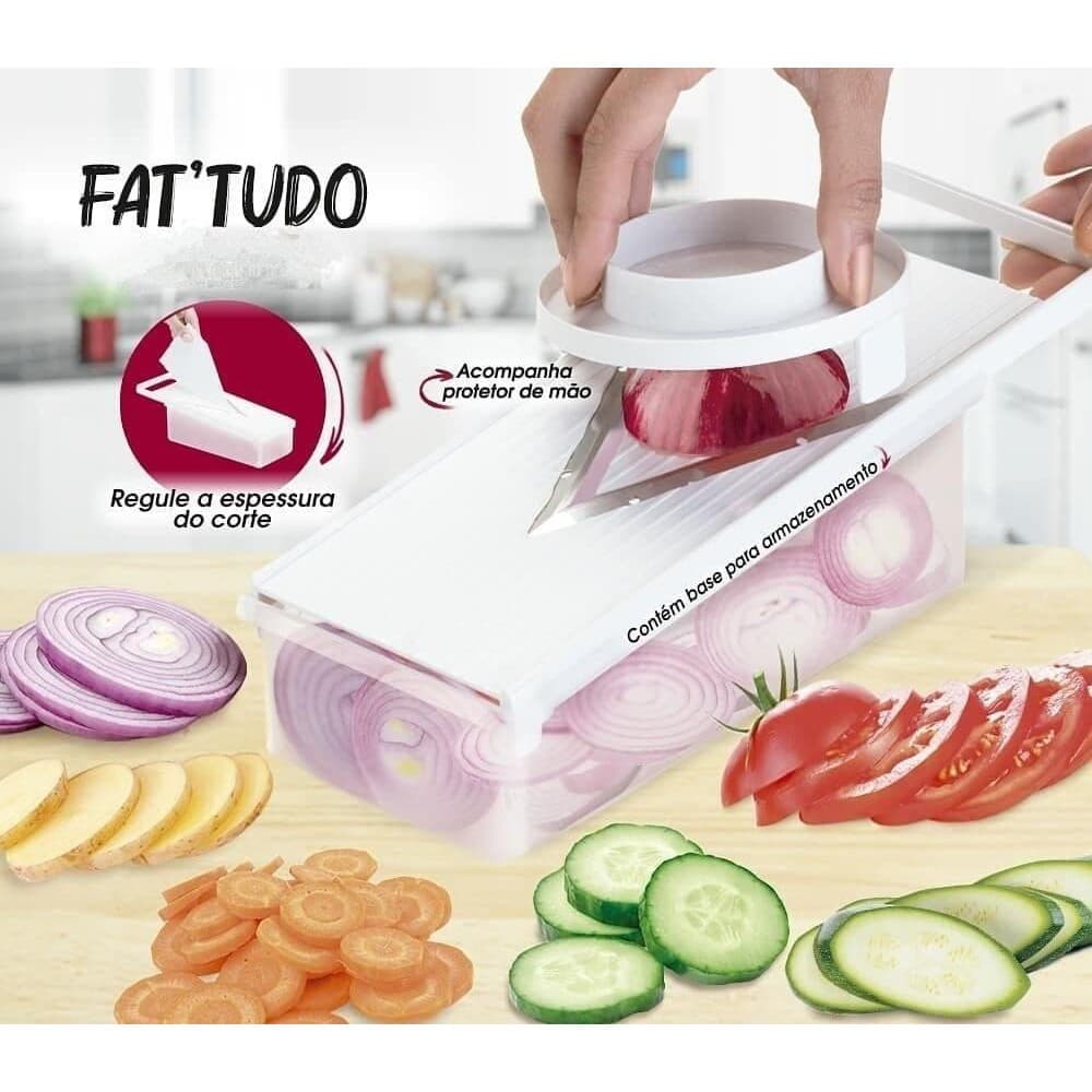 Multi Cortador Fatiador Ralador Mandoline 5 em 1 Saladas Legumes Batata com Apoiador Trava Alta Performance