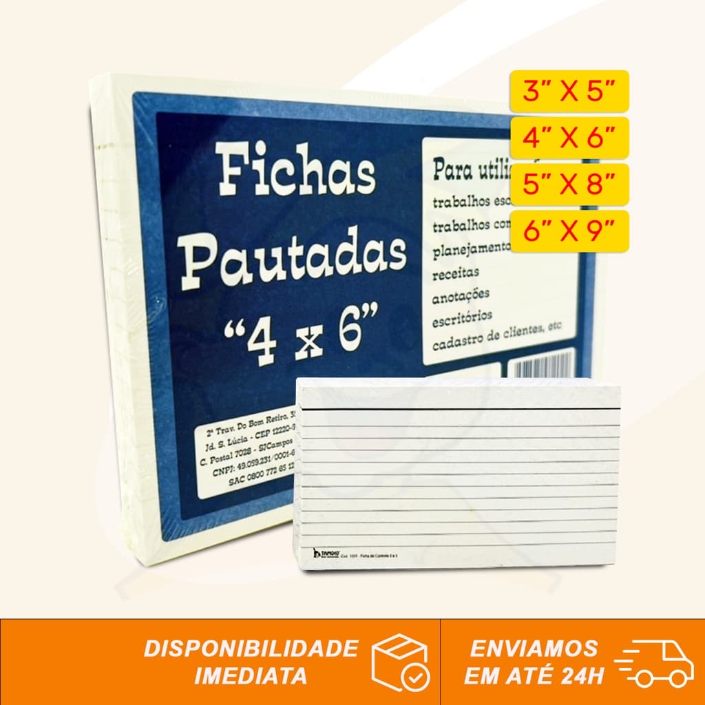 Ficha Pautada Para Anotações ou Controle Com 100 Folhas Diversos Tamanhos 3x5 / 4x6 / 5x8 / 6x9 Tamoio