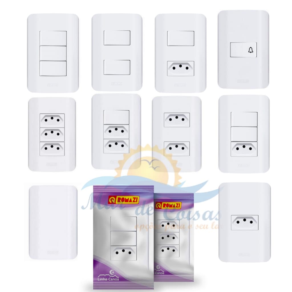 Tomadas 10A 20a Teclas Placas 4x2 e 4x4 Interruptores Romazi Linha Canoa Simples/Paralelo