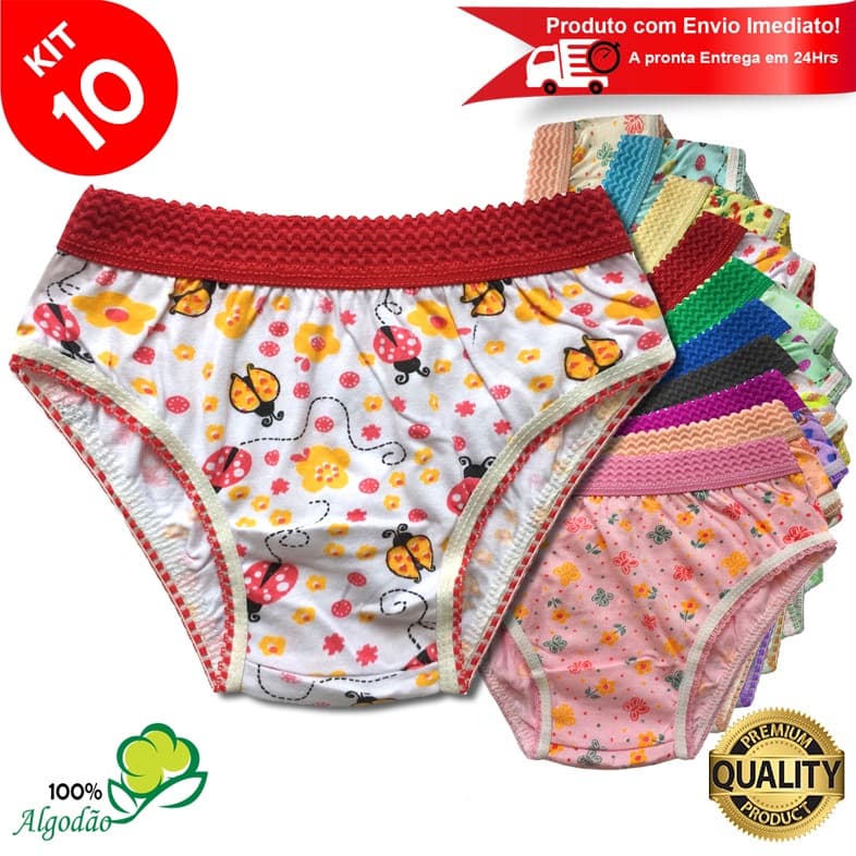 Kit 10 Calcinhas Infantil Algodão Estampada Cós Elástico Menina