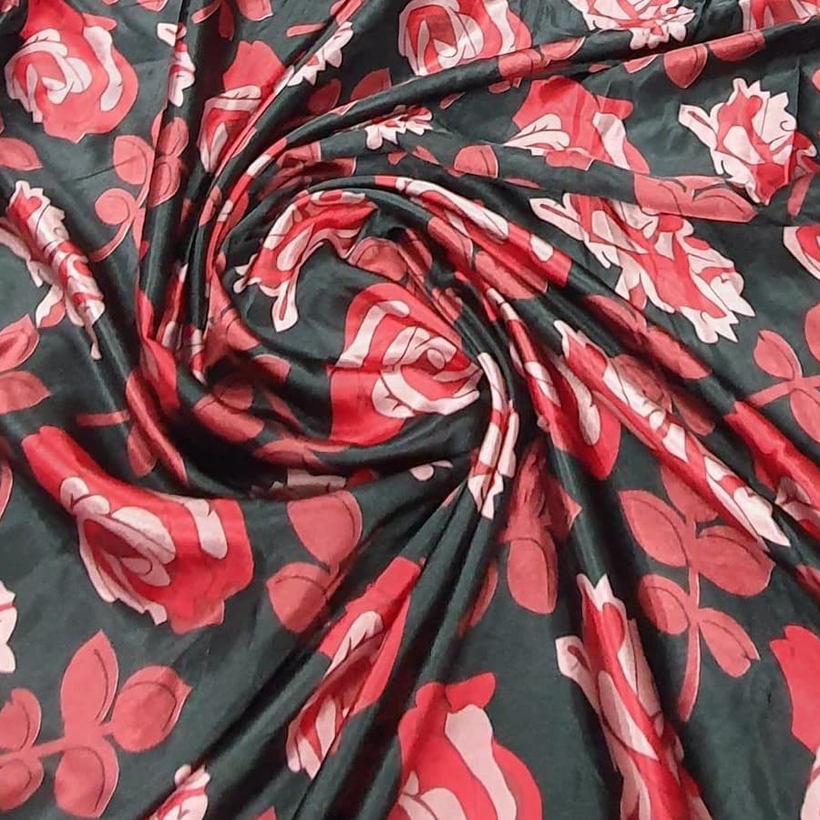 Tecido Cetim Estampado Fundo Preto Rosas Vermelhas 02