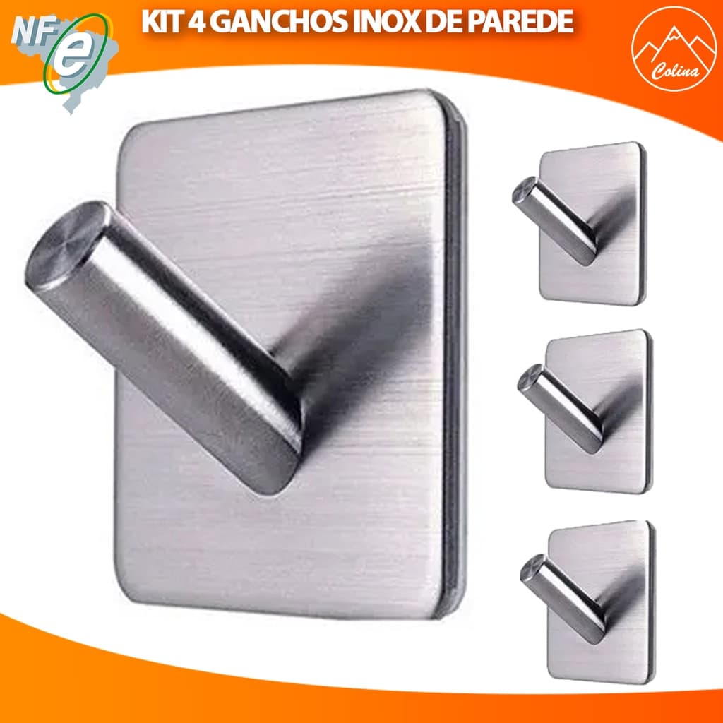 Kit 4un Gancho De Parede Auto Adesivo Aço Inox Banheiro