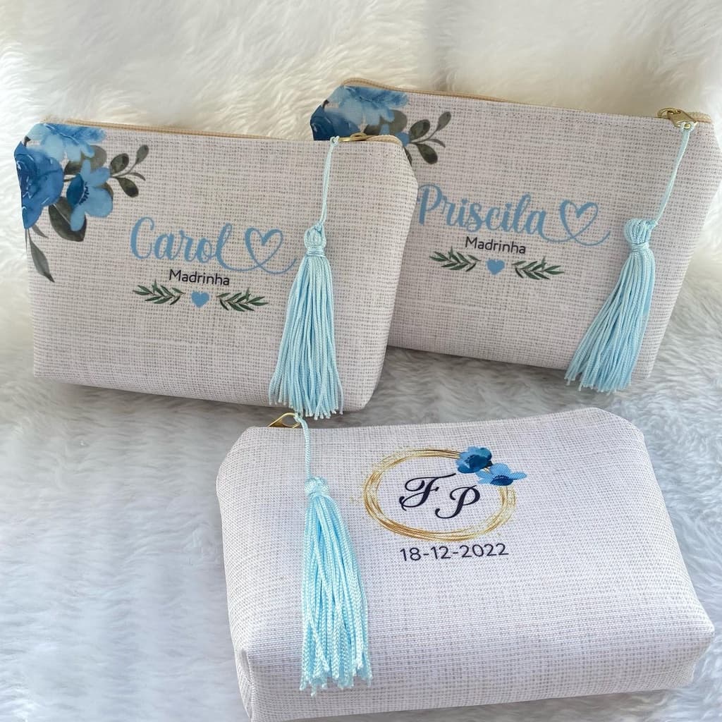 Necessaire Personalizada com Nomes Azul floral para Madrinhas, Mãe da Noiva, Aniversário.
