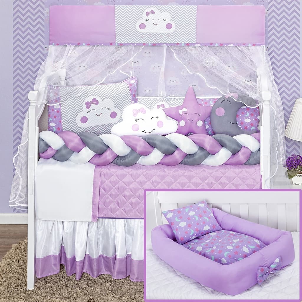 Kit Berço Trança Com Ninho Redutor Lilas Estrela Nuvem Mosquiteiro Lençol Elastico 14 peças