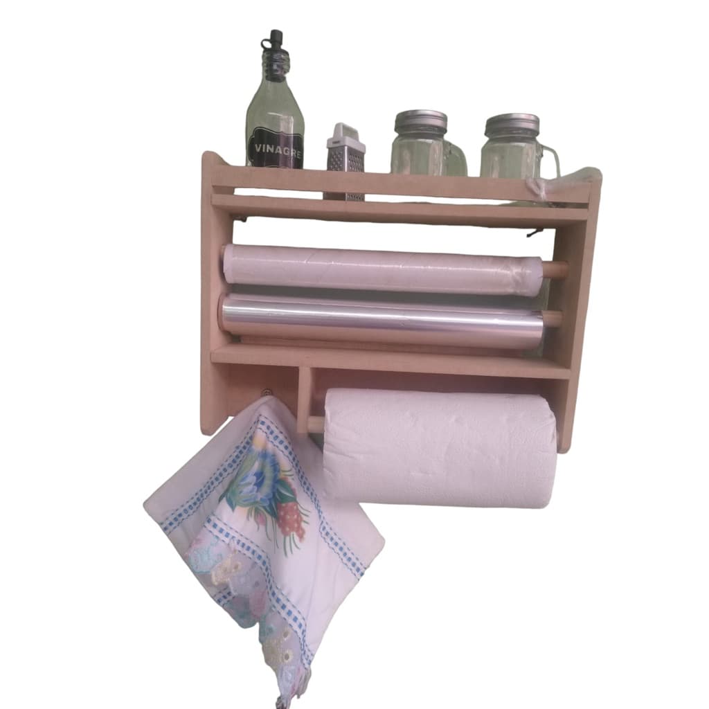Porta tempero cozinha organizador de condimentos 3 em 1 suporte papel toalha aluminio filme madeira decorativo parede