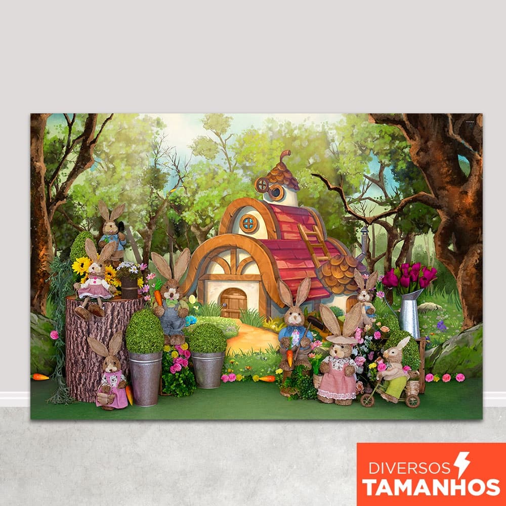 Fundo Fotográfico Cenário de Páscoa Jardim dos Coelhos Painel Em Tecido Sublimado