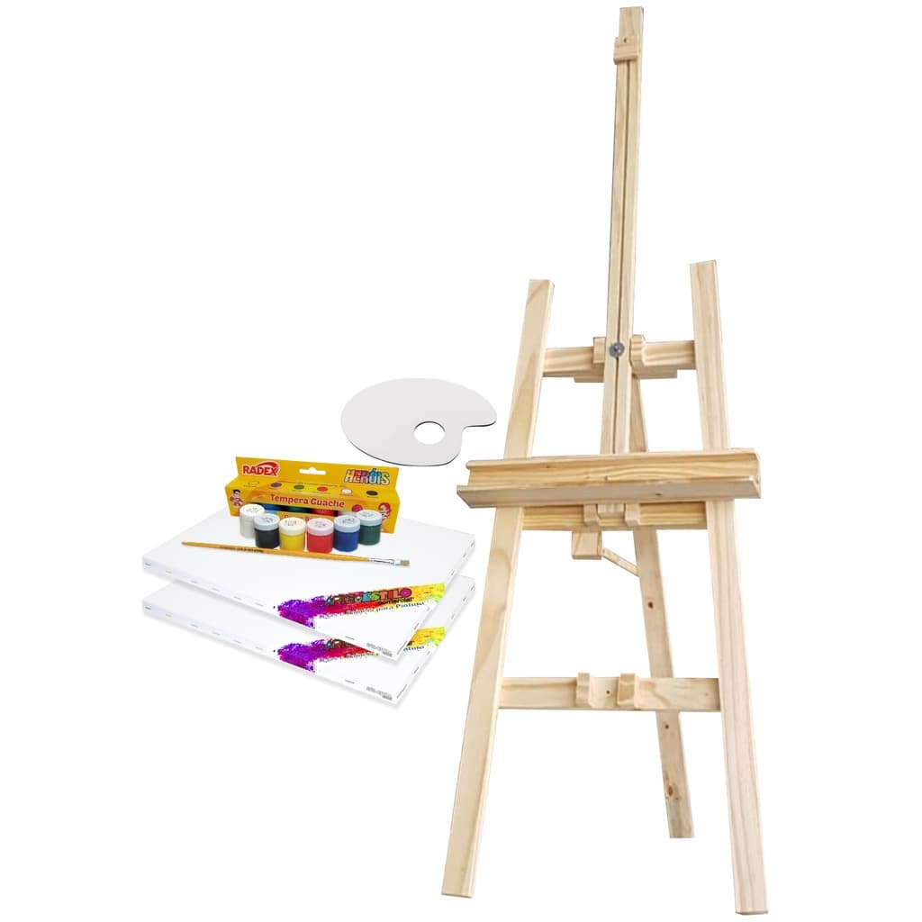 Kit De Pintura Cavalete Retratil de Chão + 6 Tintas + 2 Telas 30x40 + Pincel + Paleta p/ Tintas