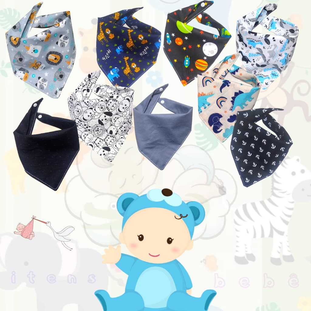 kit 6 babador bandana babeiro Dupla  Camada Tecido  menino com 2 botões