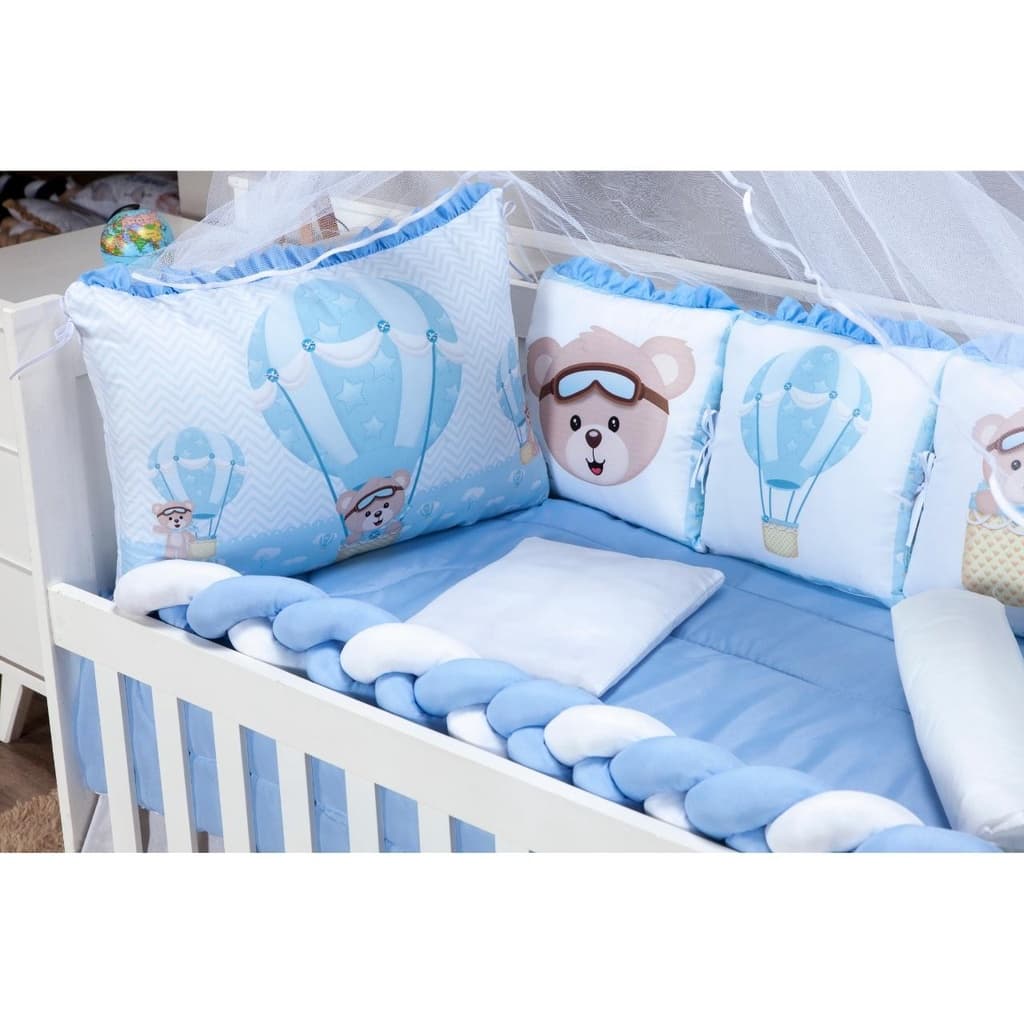 Kit Berço 13 Peças Bebê Menino Americano Protetor Trança e Almofadinhas Baloeiro