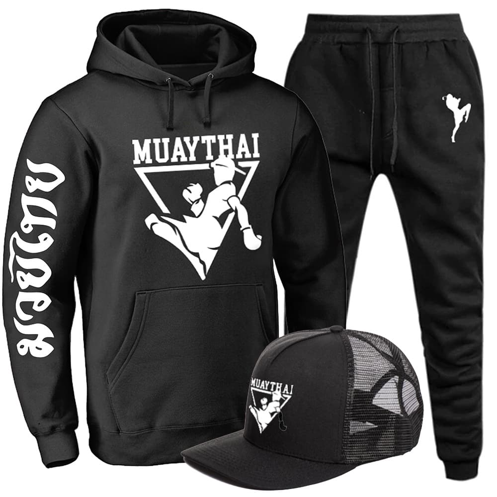 Conjunto Abrigo de Moletom Luta Blusão + Calça + Boné Muay Thai Mod