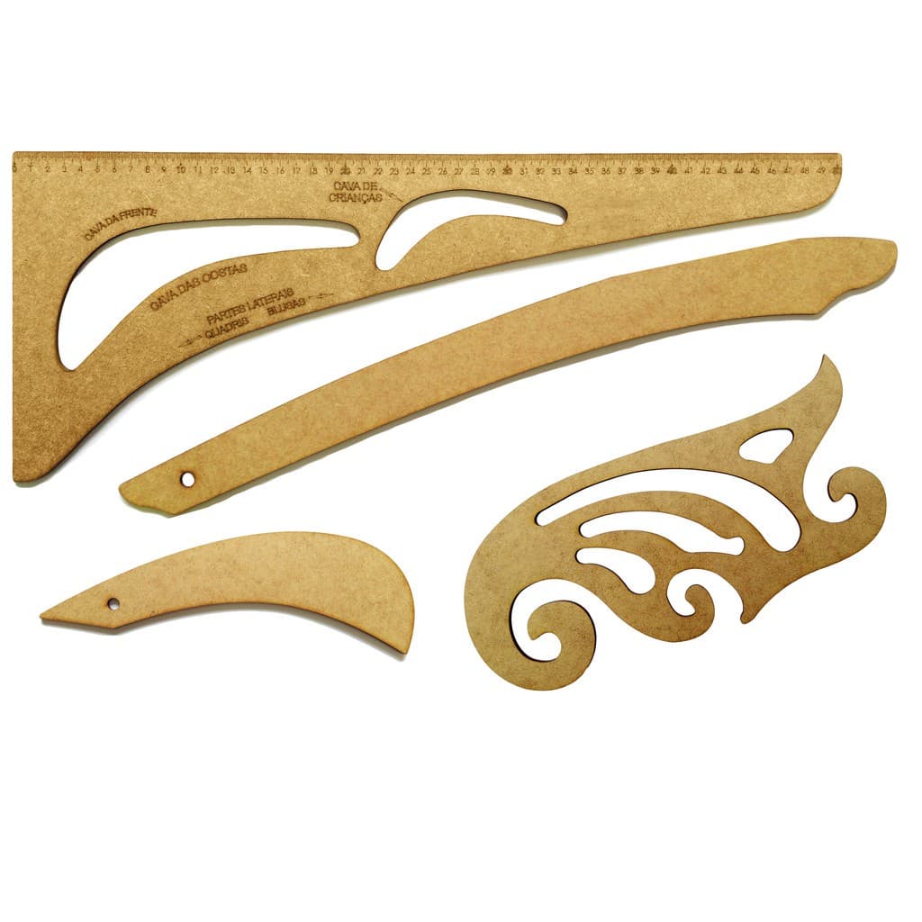 Kit  Conjunto Régua Costura Modelista 4Pçs Com Régua Francesa MDF GDE
