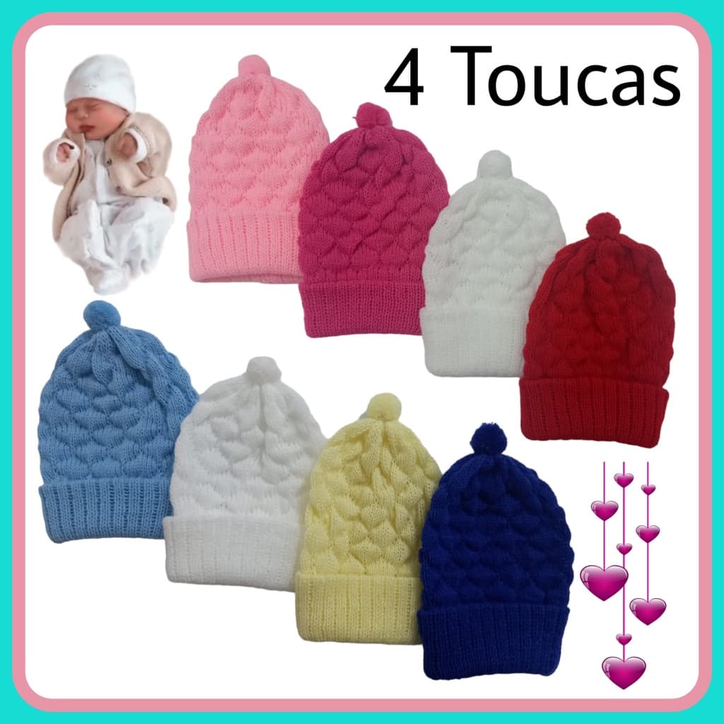 Kit 4 Touca Barra Dobrada Tricô Bebê Recém Nascido Maternidade Diversas Combinações de Cores