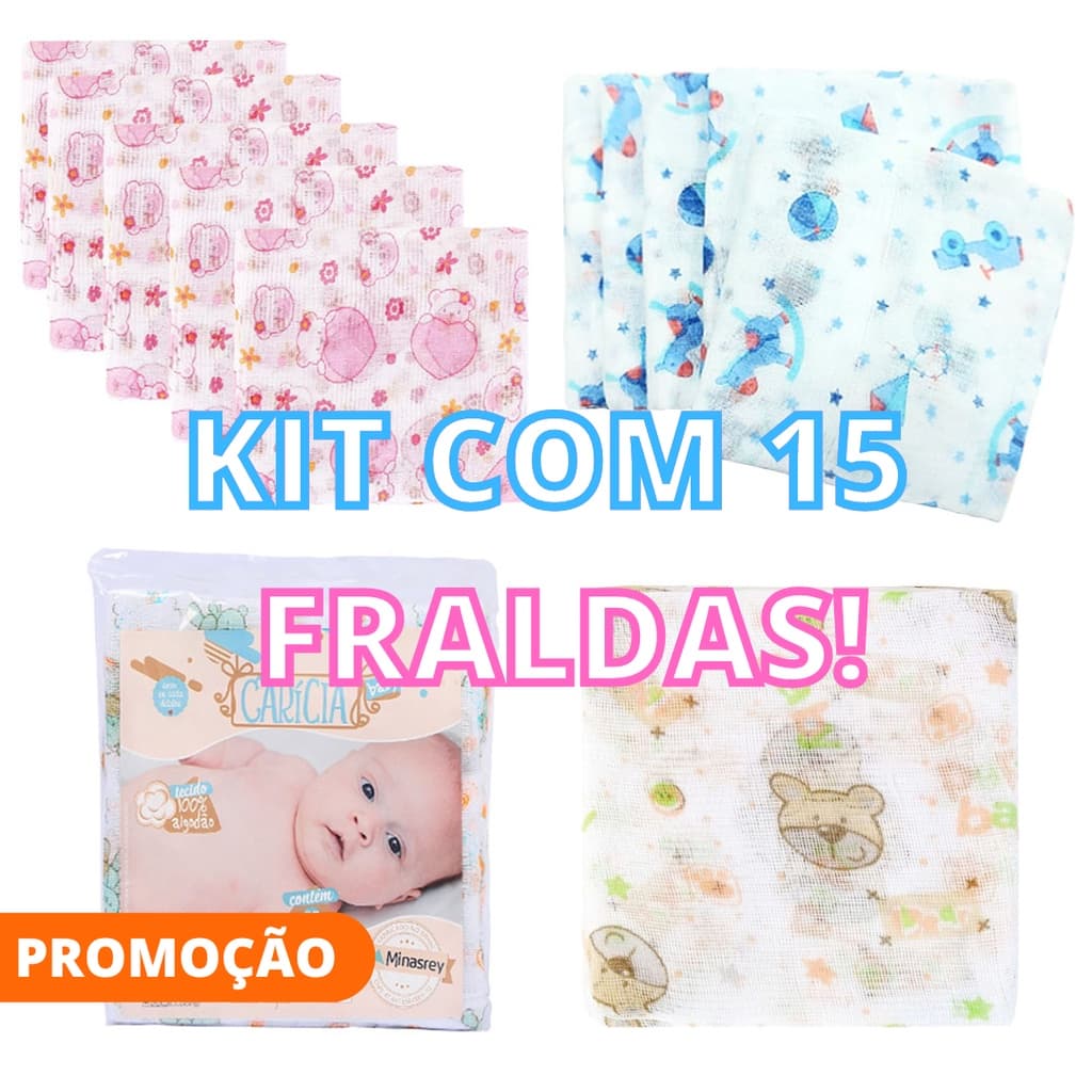 Fralda de Pano Bebê Kit com 15 Unidades 60cm x 60cm 100% algodão Minasrey Pacote