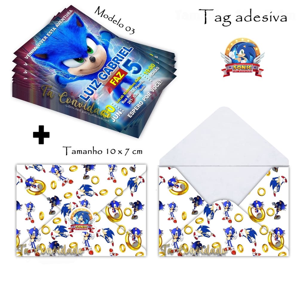 Convites Personalizados Sonic 10x7cm Aniversário infantil + Envelope + Tag