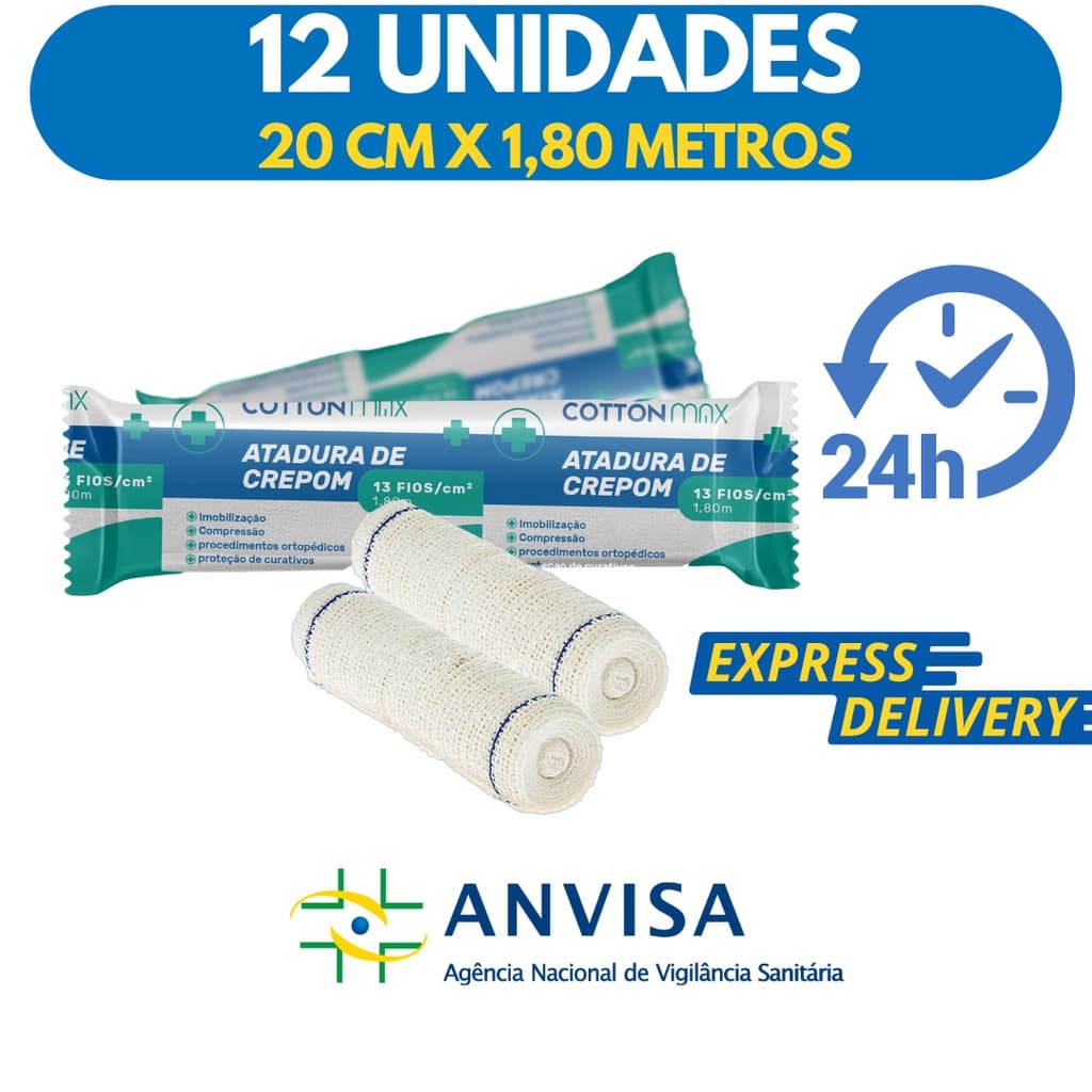 Faixa Atadura Crepom Curativo Algodão 20cm x 1,80m Kit 12 Rolos 13 Fios Anvisa Não estéril