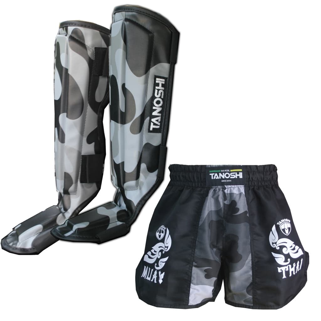 Kit Caneleira Camuflada Cinza e shorts Kan Camuflado Cinza MuayThai