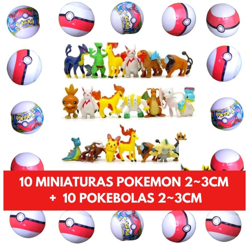 Kit Com 10 Miniaturas Pokémon + 10 Pokebolas 2-3cm Brinquedo Capsula