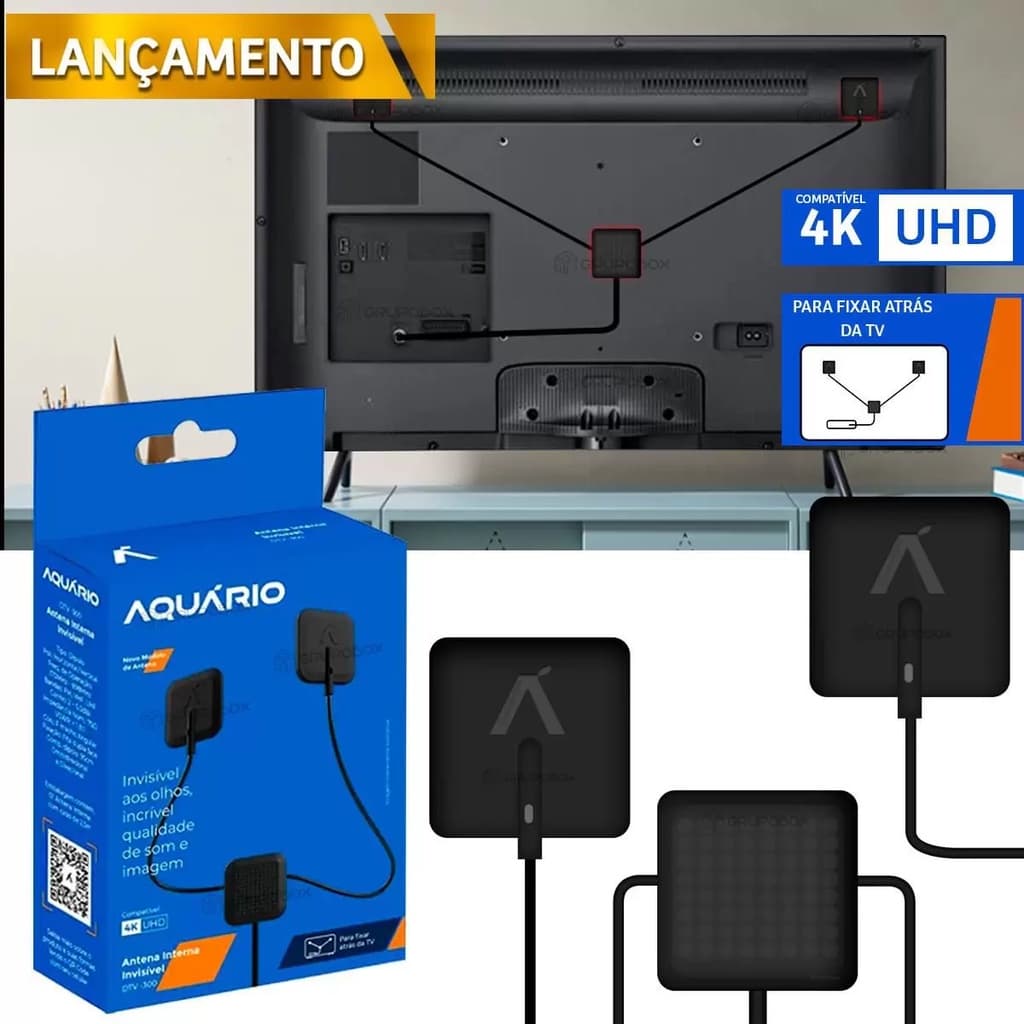 Antena Interna Invisível de TV Digital HDTV 4K - AQUÁRIO - DTV-300