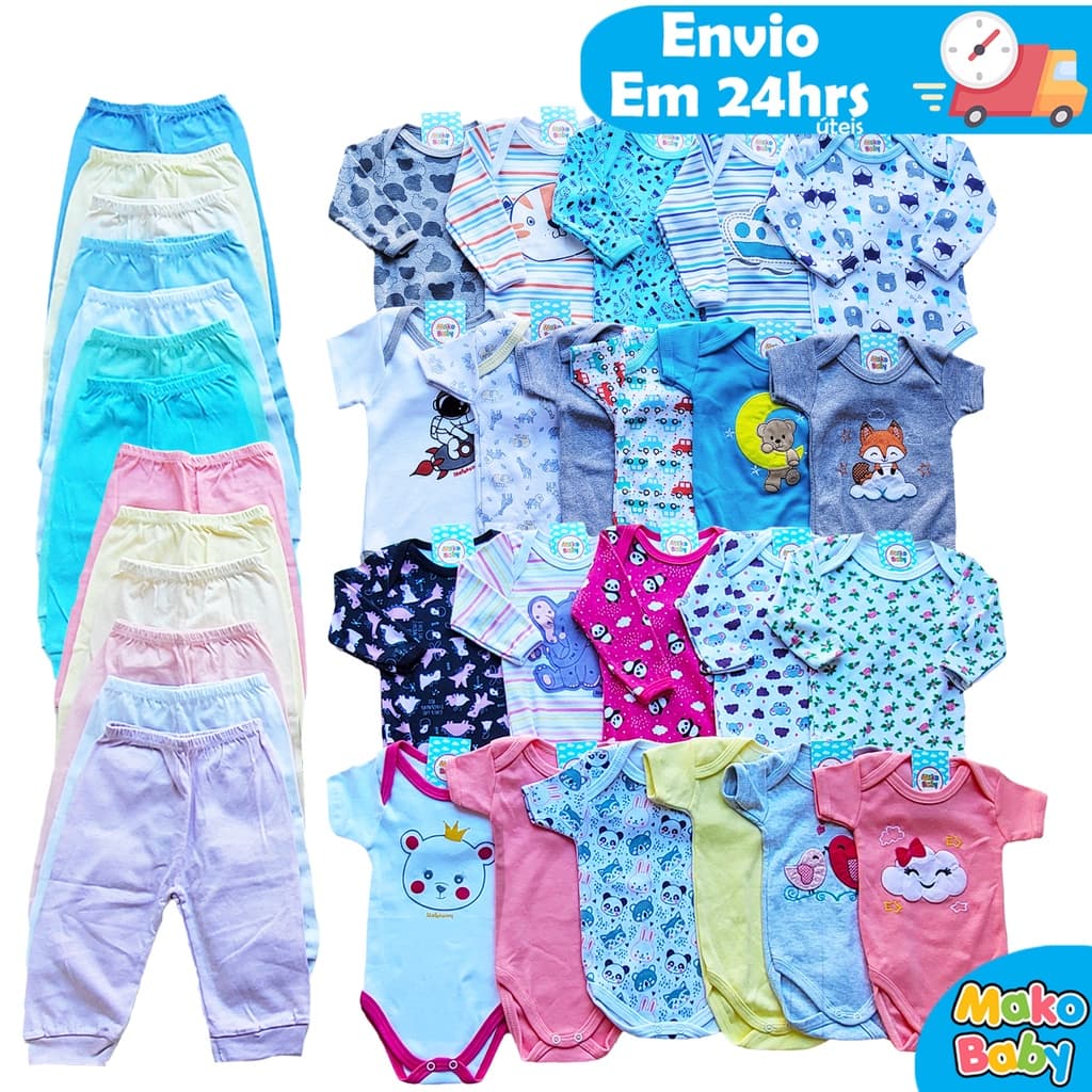 Kit 15 peças Enxoval Bebê Menino ou Menina Body Calça Mijão e Meia Algodão