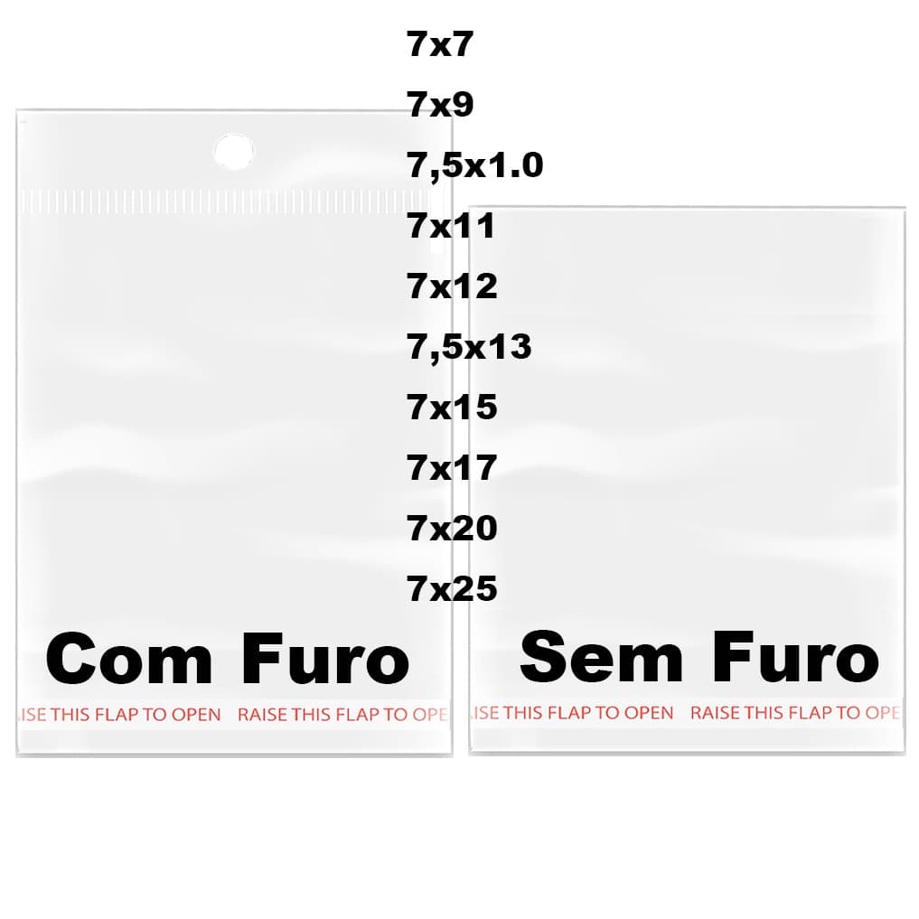 KIT 100 Saco Adesivo Saquinhos transparente FURO 7x7 7x9 7,5x10 7x11 7x12 7,5x13 7x15 7x17 7x20 7x25 7,5x13 FUROS SOLAPA para embalagem grande maior de Joias Bijuterias Presente