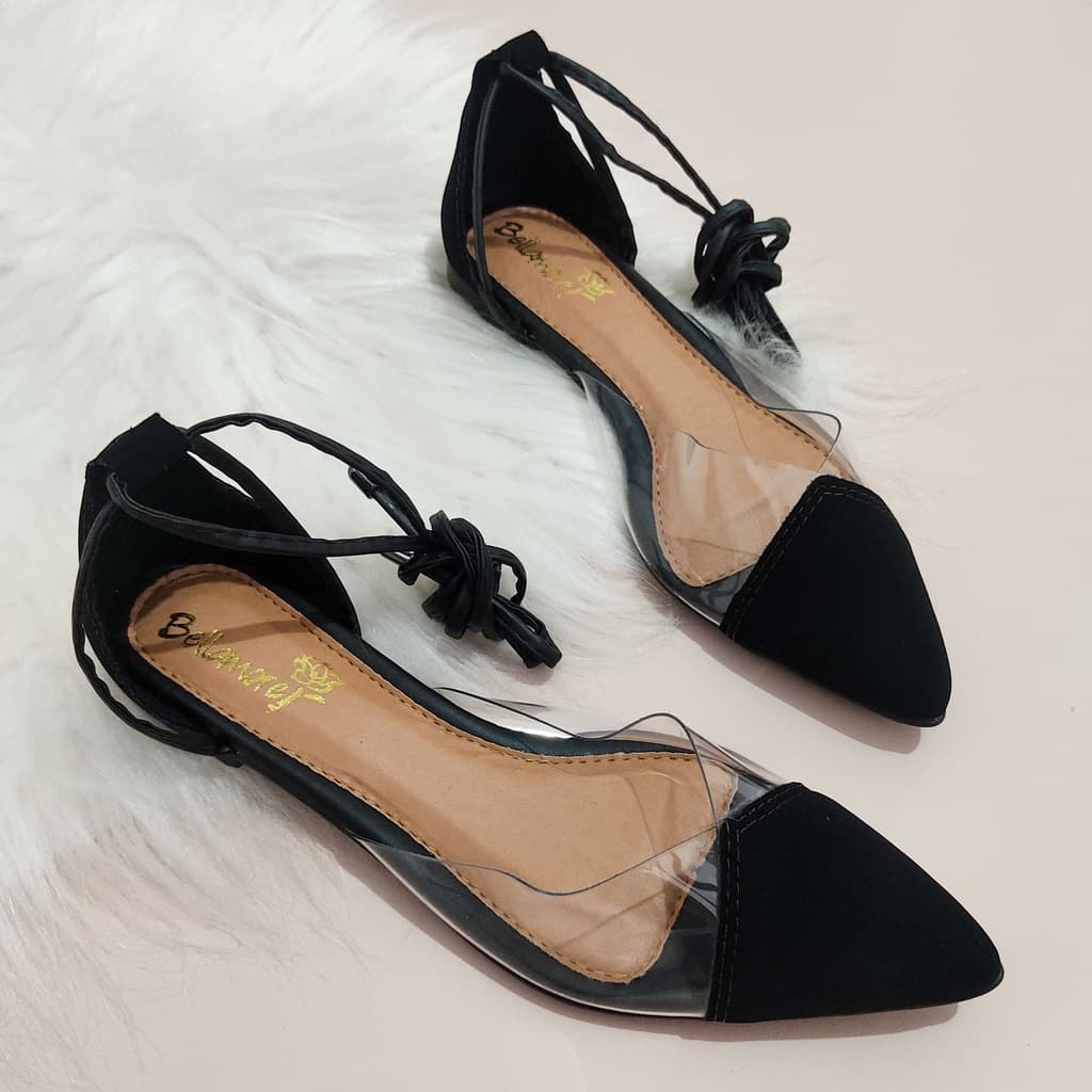 Sapatilha Mule Bico Fino Feminino Cristal Transparente Vinil De Amarrar Preto, Branco, Dourado,Nude