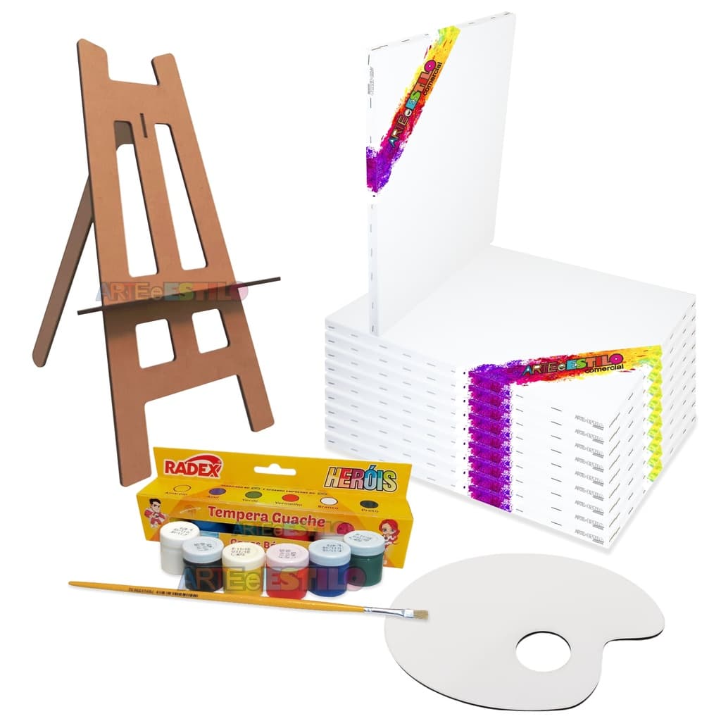 Kit Pintura 10 Telas Pintura 15X20 + 1 Mini Cavalete + 6 Tintas + 1 Pincel + 1 Paleta para Tintas