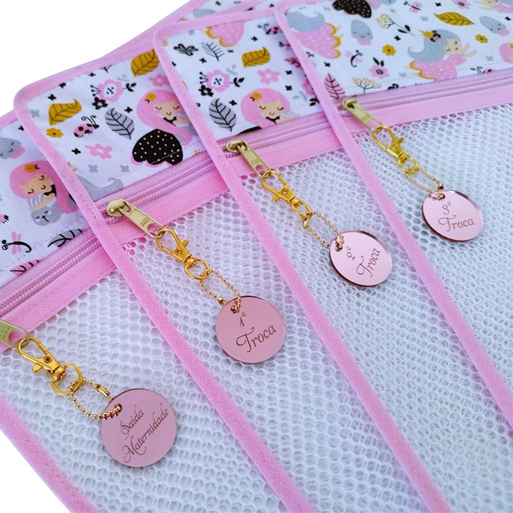 Saquinho Maternidade Organizador Bolsa Maternidade Kit 4 ou 5 Unidades + Tags Rose Gravadas a Laser