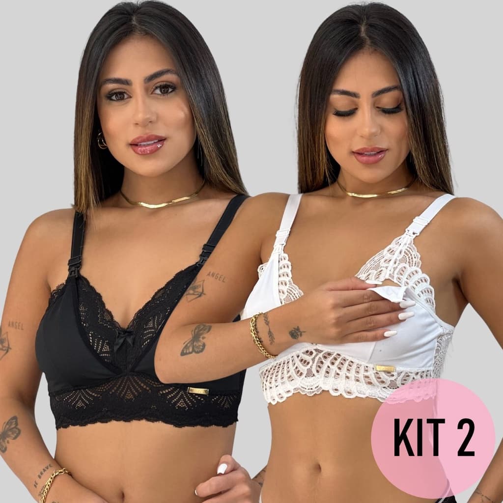 Kit 2 Sutiã Renda Glamour Amamentação Elástico Amamentar Gestante Click Abertura