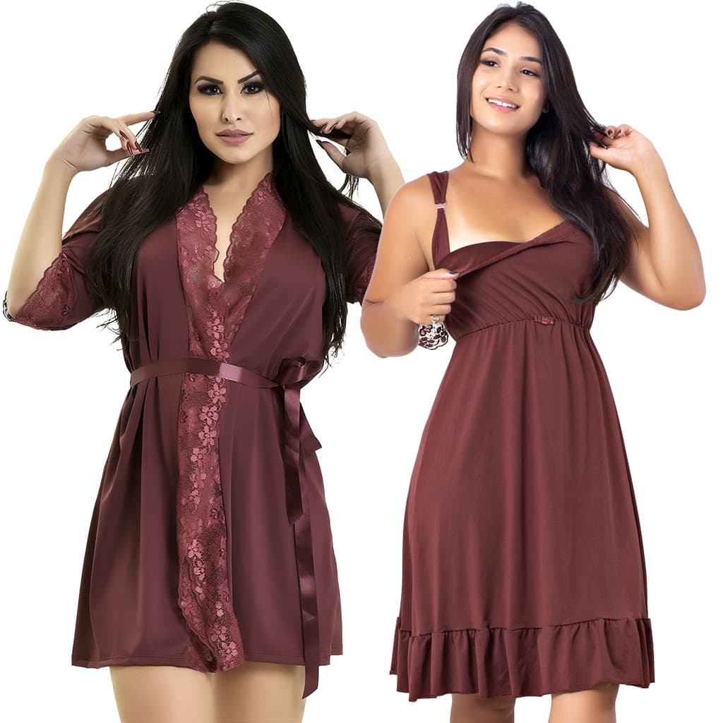 Conjunto Gestante Camisola Amamentação mais Robe Microfibra e Renda | 184.850