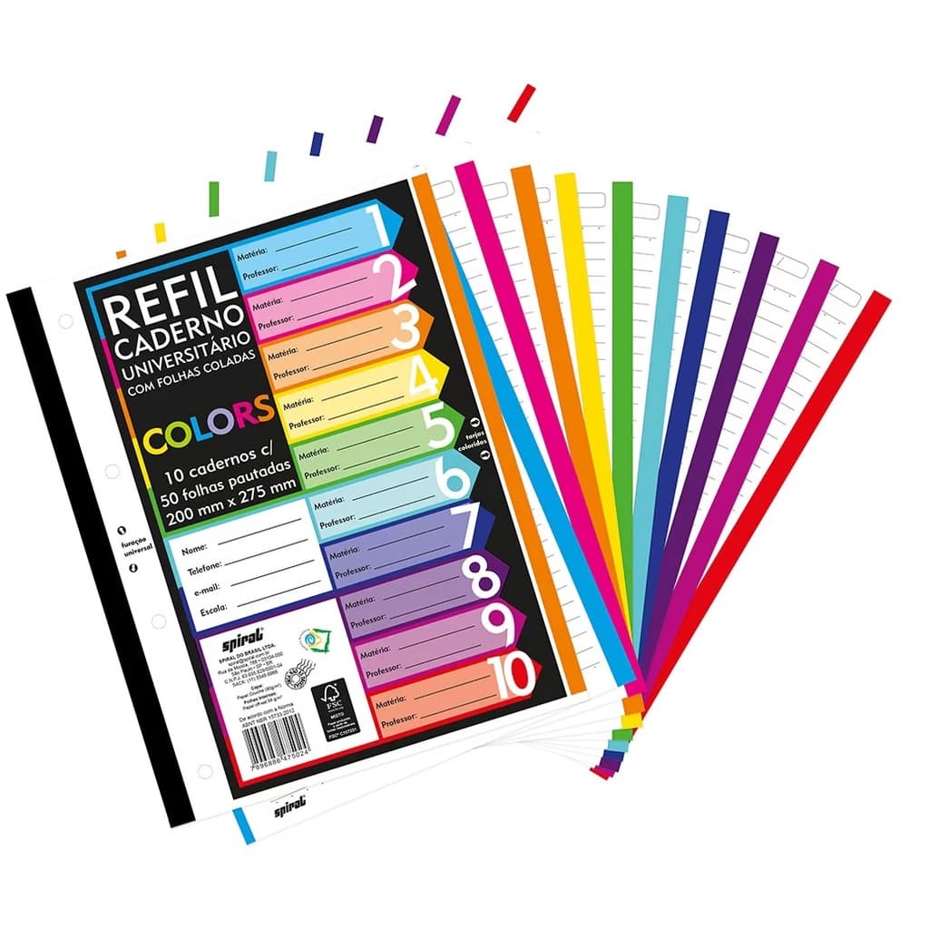 Bloco de folhas para fichário com 500 folhas coloridas, 4 furos, material escolar Caderno Universitário A4
