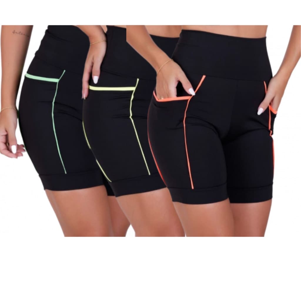 Kit com 3 Bermudas Fitness Cós Alto Refletiva de Corrida e Academia de Média Compressão com Bolsos