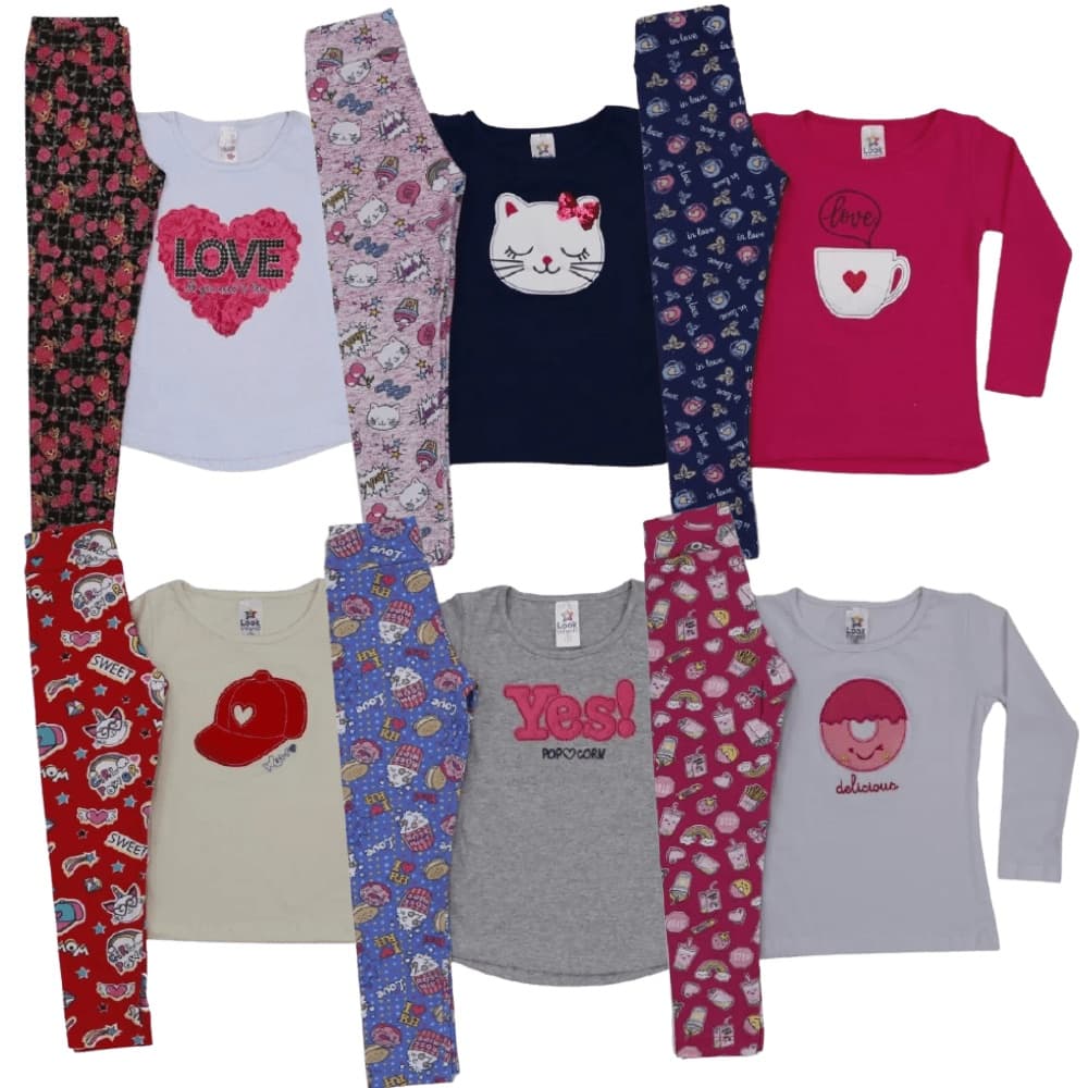 kit 6 Peças Inverno | 3 Calças Legging + 3 Blusas de Meia Estação | Menina Conjunto Infantis 2025