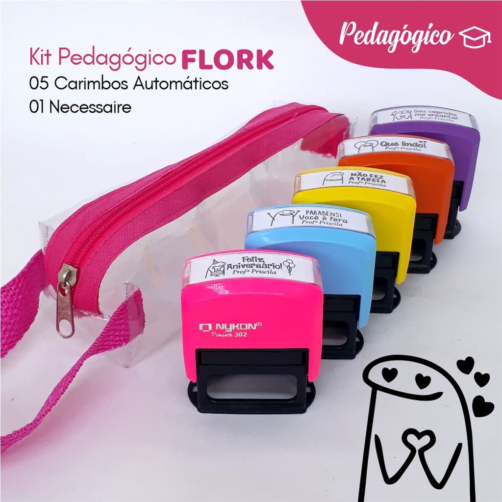Kit 5 Carimbos Pedagógicos Automáticos FLORK + Necessaire estojo para Professor Educação Material Escola Infantil