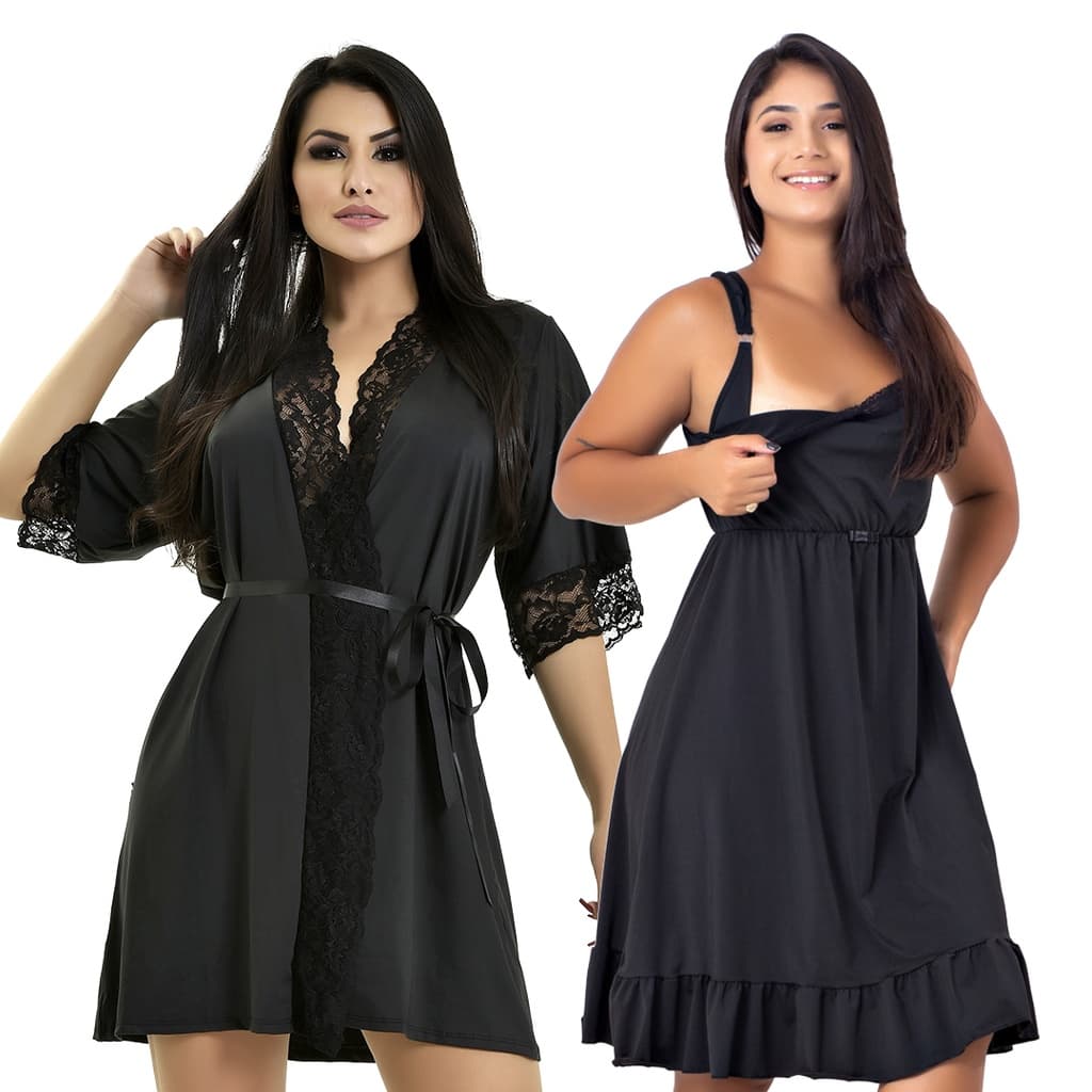 Kit Camisola Amamentação mais Robe Microfibra e Renda Moda Feminina | 184.850