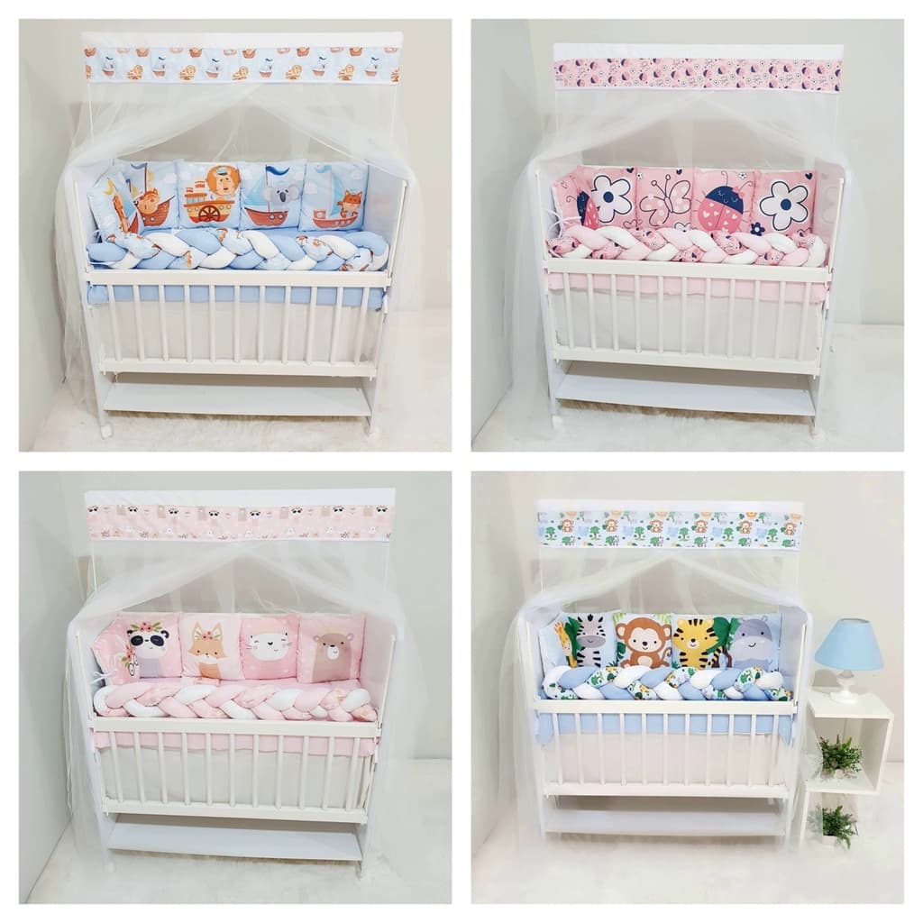 KIT PARA MINI BERÇO 12 PEÇAS COM TRANÇA E ALMOFADINHAS + SAIA/VÁRIAS ESTAMPAS/ MENINOS E MENINAS